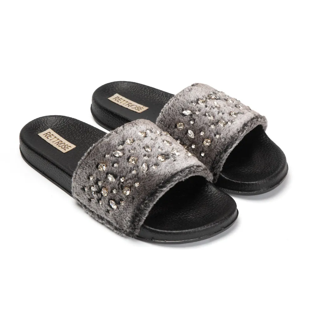 Sienna Charcoal Luxury Plush Diamanté Embellished Handmade Sliders