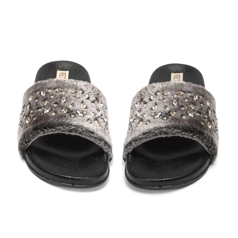 Sienna Charcoal Luxury Plush Diamanté Embellished Handmade Sliders