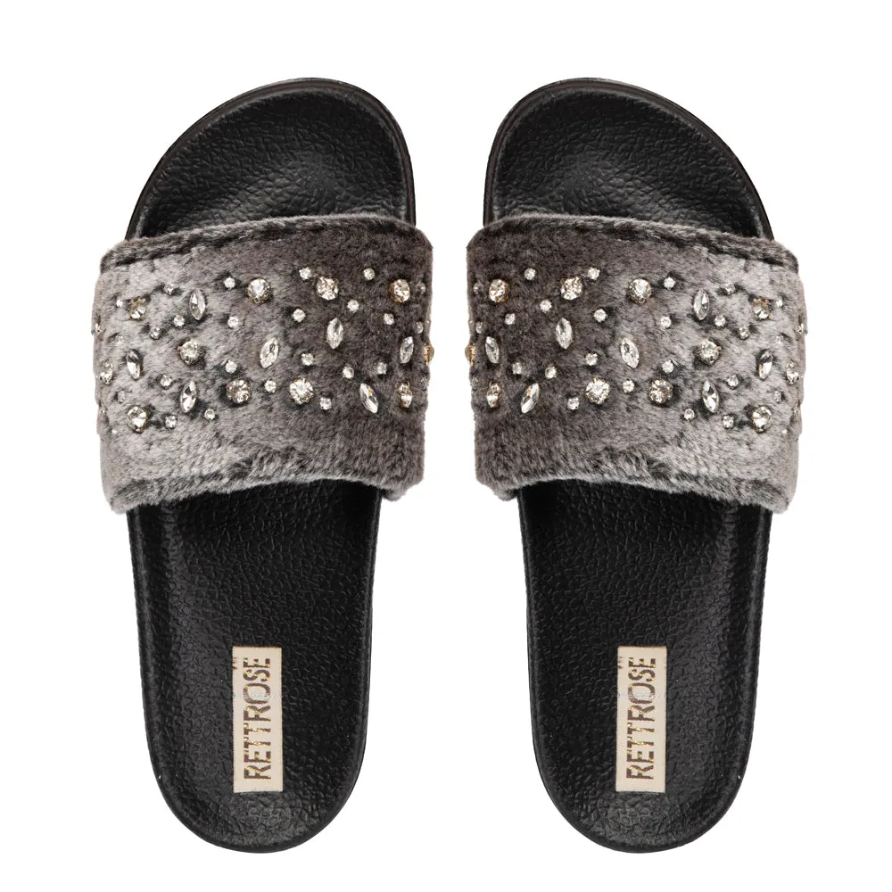 Sienna Charcoal Luxury Plush Diamanté Embellished Handmade Sliders