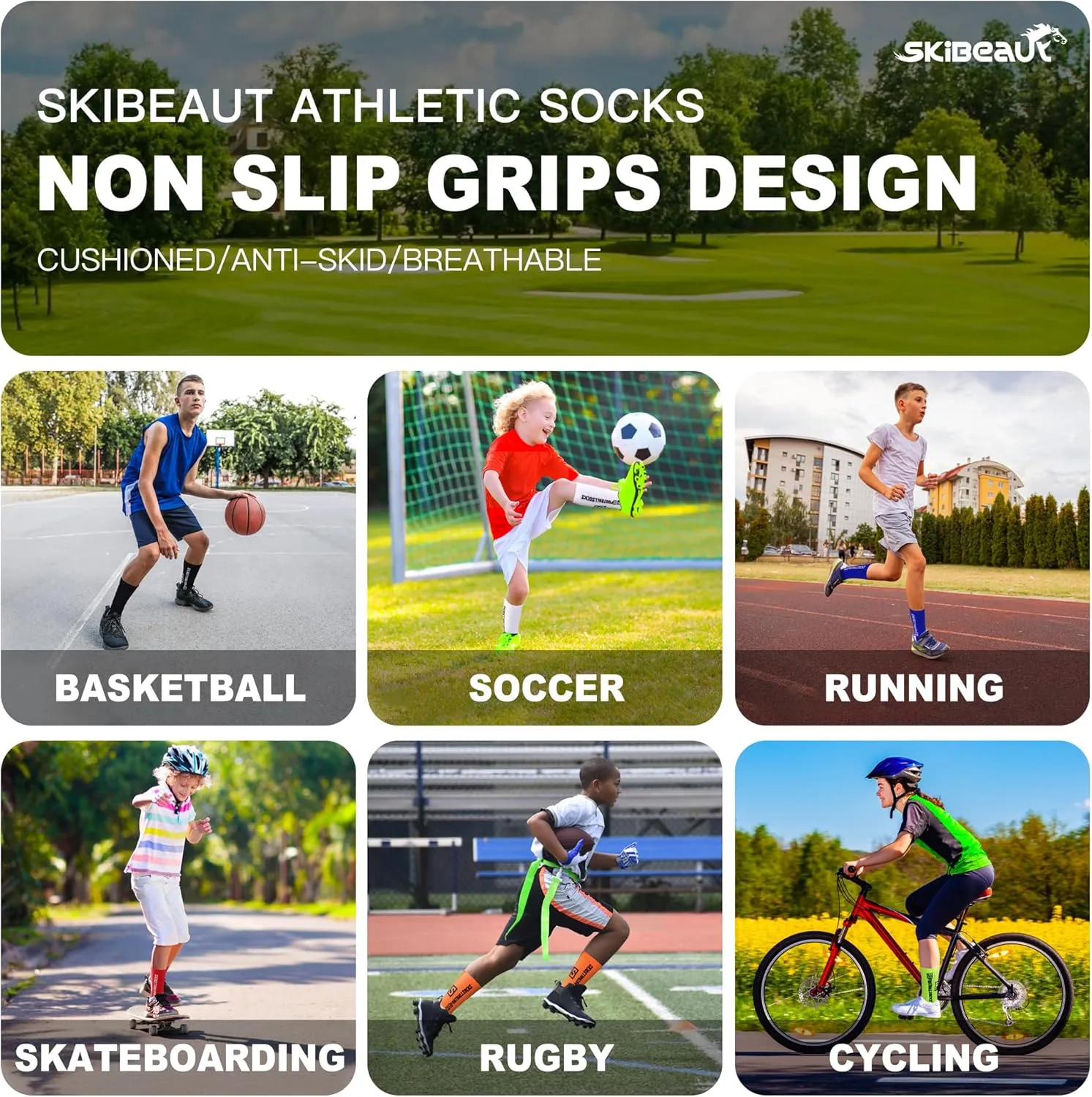 SkiBeaut Kid Youth Athletic Socks, 6 Pairs Anti Skid Soccer Football Young Teen Slipper Grips Socks for Boys Girls 4-16 Years