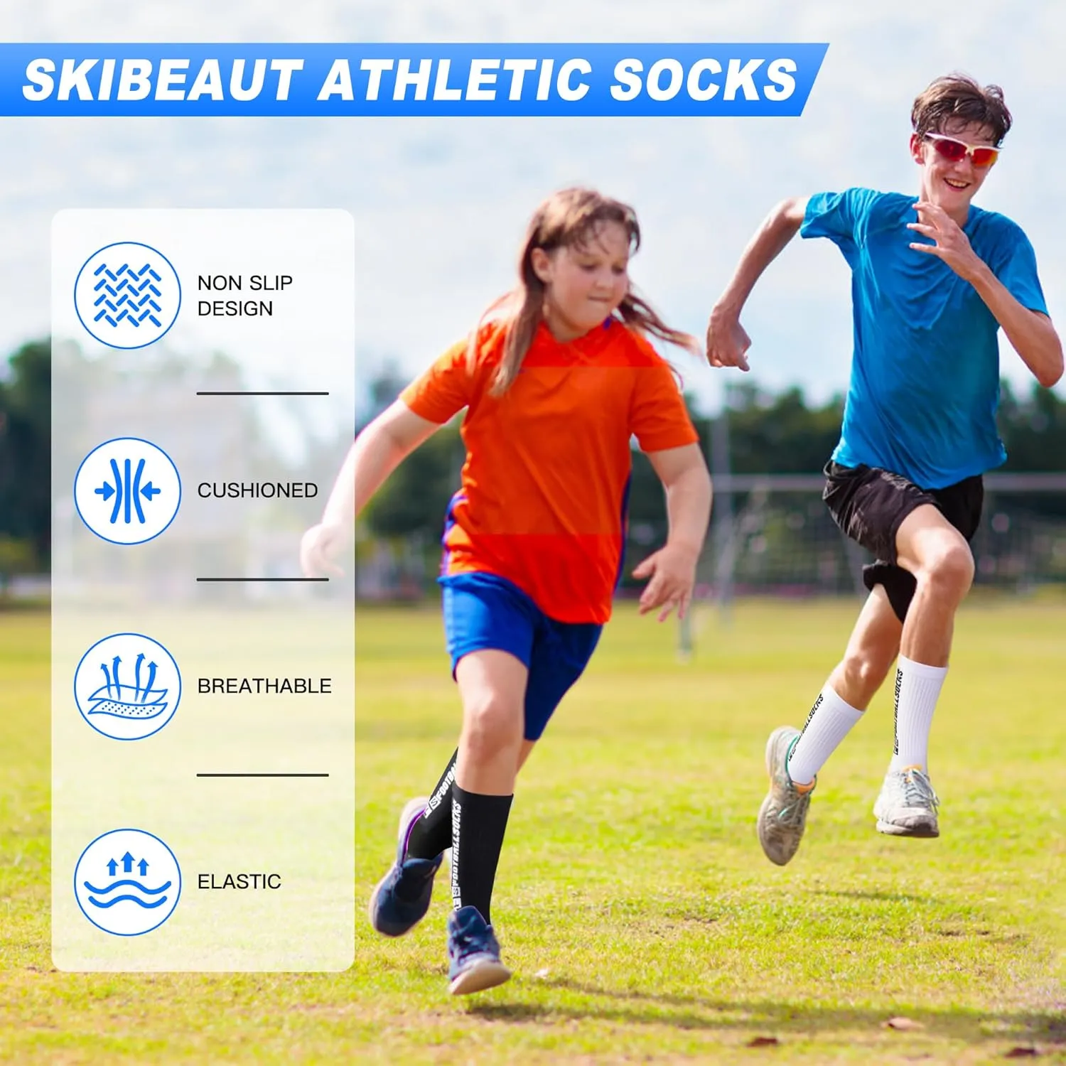 SkiBeaut Kid Youth Athletic Socks, 6 Pairs Anti Skid Soccer Football Young Teen Slipper Grips Socks for Boys Girls 4-16 Years