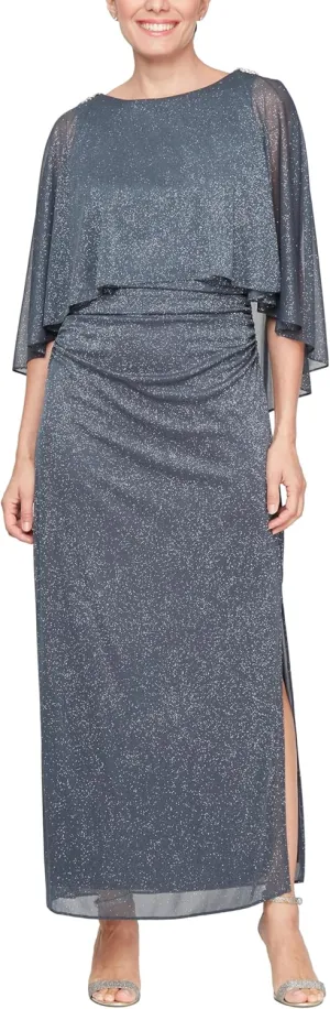 S.L. Fashions Women's Long Glitter Mesh Capelet Gown with Side Slit, Wedding Guest, Formal Dress (Petite and Regular Sizes)