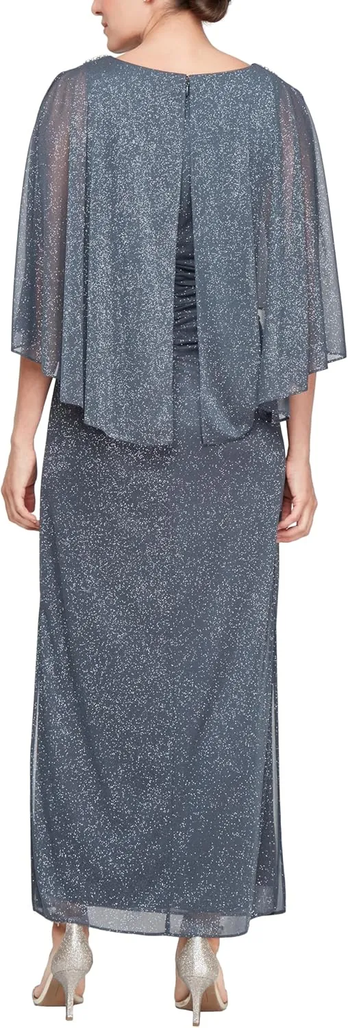S.L. Fashions Women's Long Glitter Mesh Capelet Gown with Side Slit, Wedding Guest, Formal Dress (Petite and Regular Sizes)
