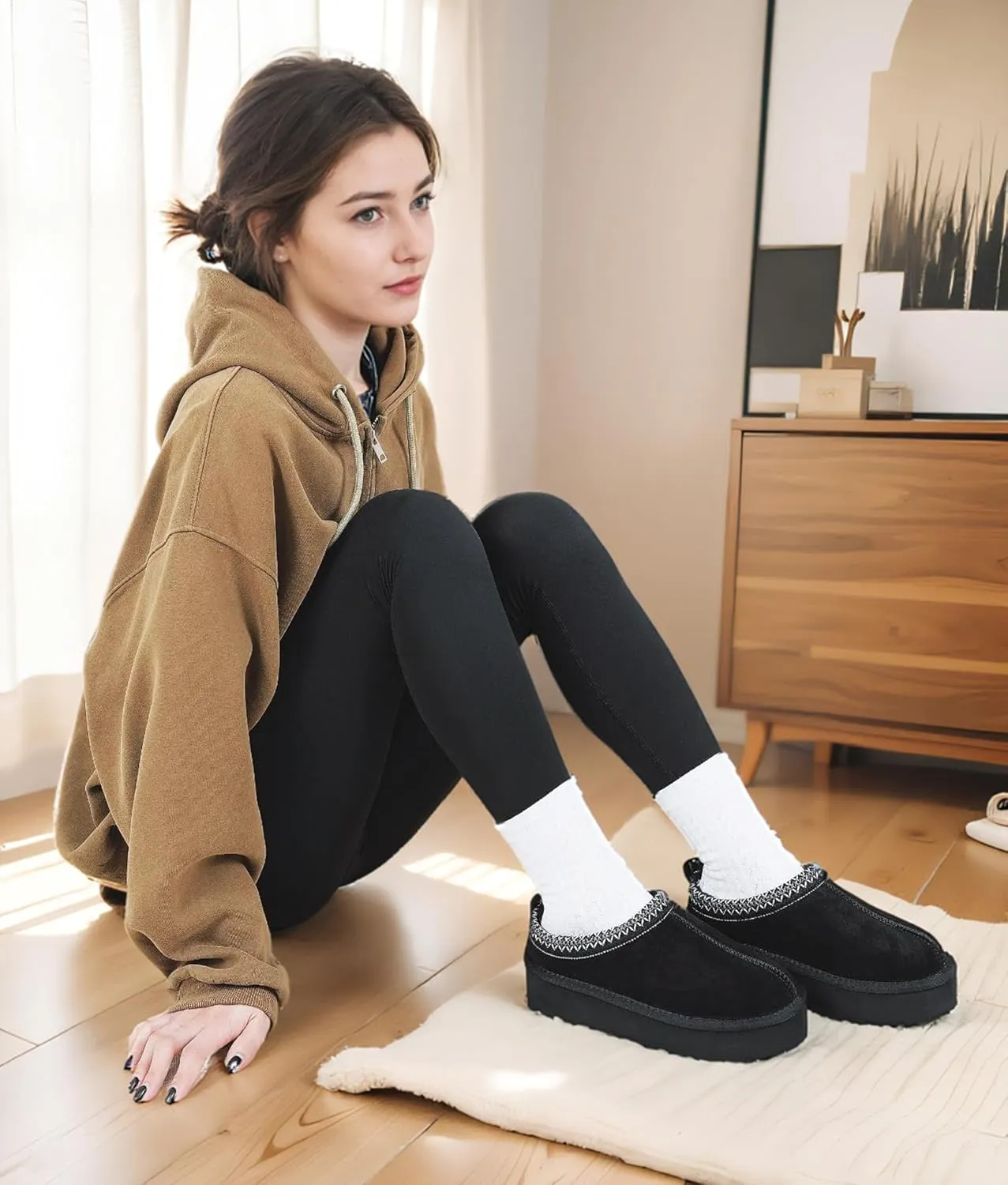SMajong Women Platform Slippers Mini Snow Boots Thickened Flat Boot Fur Lined Shoes Home Slipper Winter Casual Shoes