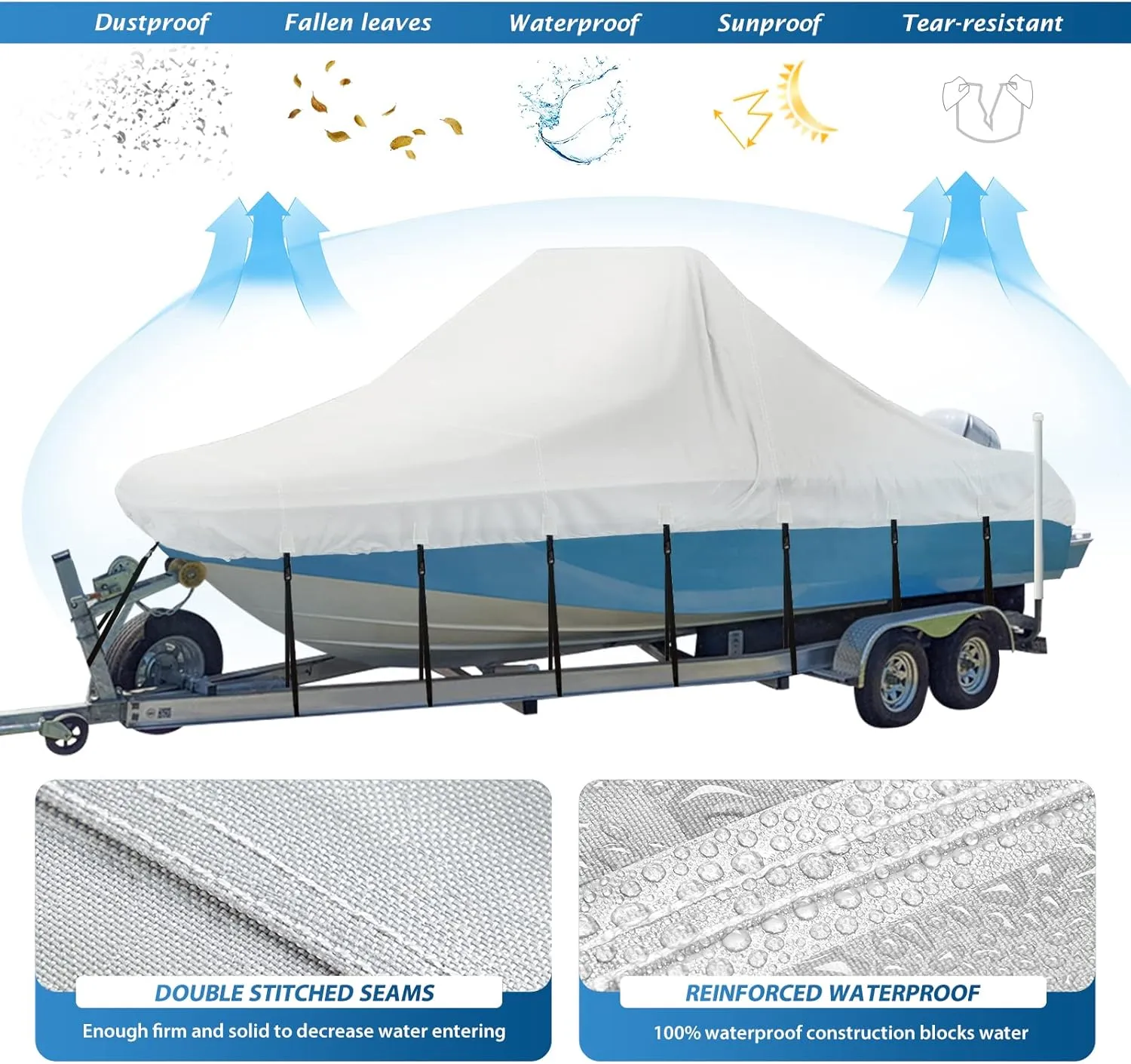 Solim Center Console Boat Cover, 16'-18.5' 1300D Waterproof PU Heavy Duty Trailerable Cover for Center Console Boat, Marine Grade Oxford UV Resistant Polyester Canvas with 18 Tie Down Strap, Gray