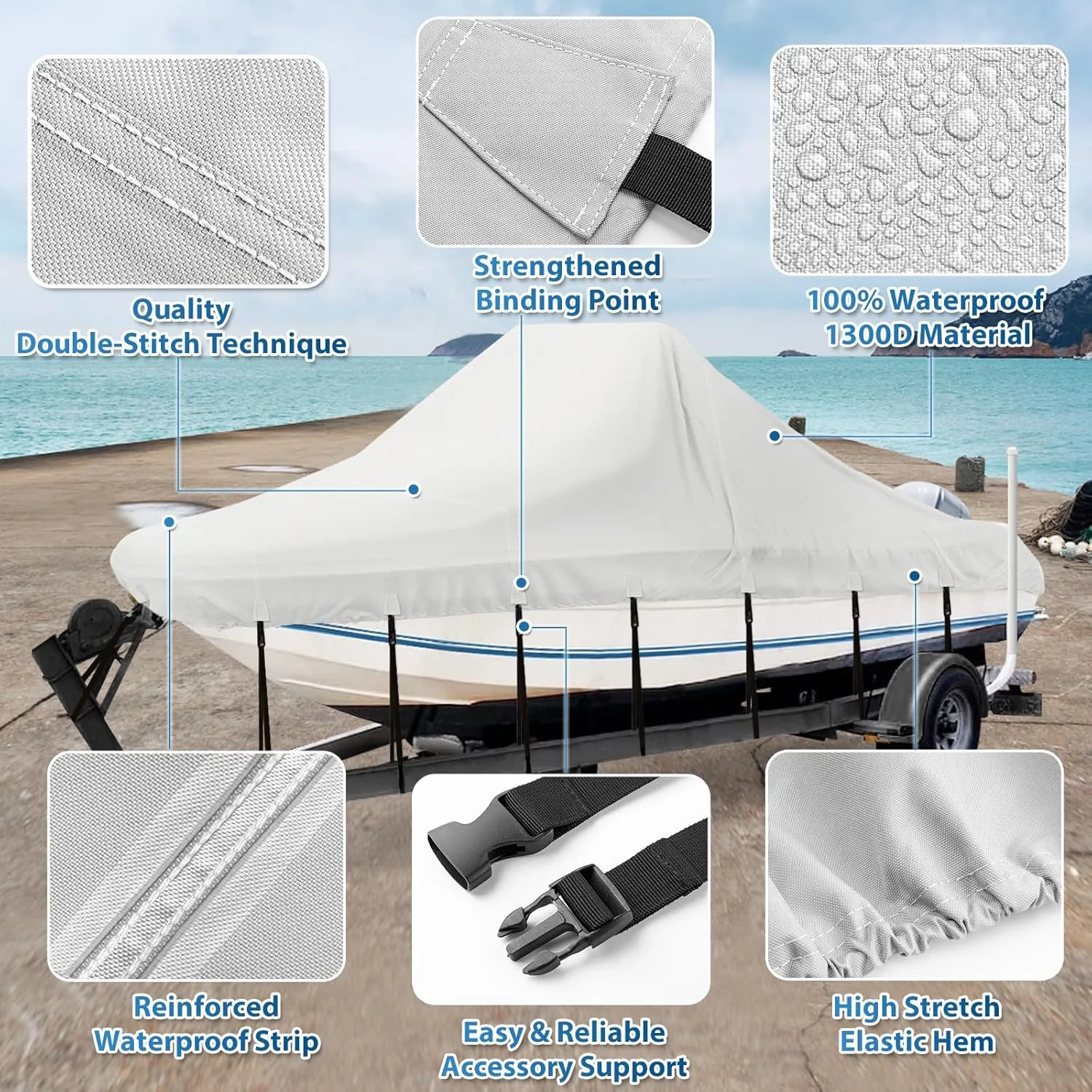 Solim Center Console Boat Cover, 16'-18.5' 1300D Waterproof PU Heavy Duty Trailerable Cover for Center Console Boat, Marine Grade Oxford UV Resistant Polyester Canvas with 18 Tie Down Strap, Gray