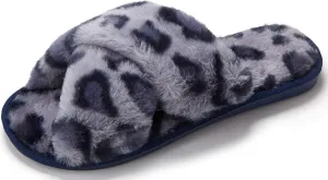 Solyinne Women's Tie-dye Leopard Print Cross Band Soft Plush Fleece House Indoor or Outdoor Slippers