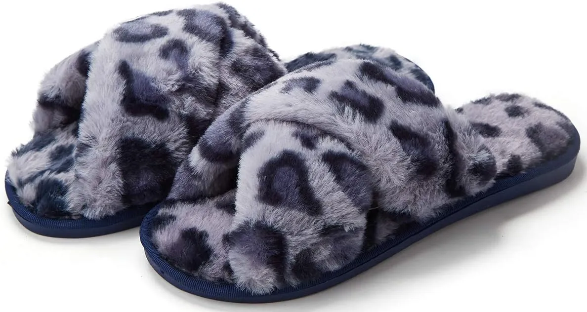 Solyinne Women's Tie-dye Leopard Print Cross Band Soft Plush Fleece House Indoor or Outdoor Slippers