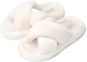 SOULROSE Women's Slippers Open Toe Memory Foam House Slippers for Women Fuzzy Furry Comfy Faux Fur Bedroom Platform Indoor Outdoor Slide Shoes with Anti-Slip Sole Womens Gift Slippers