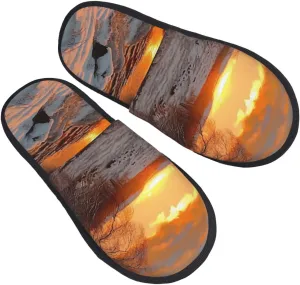 Sunset and snow Furry House Slippers for Women Men Soft Fuzzy Slippers Indoor Casual Plush House Shoes Medium