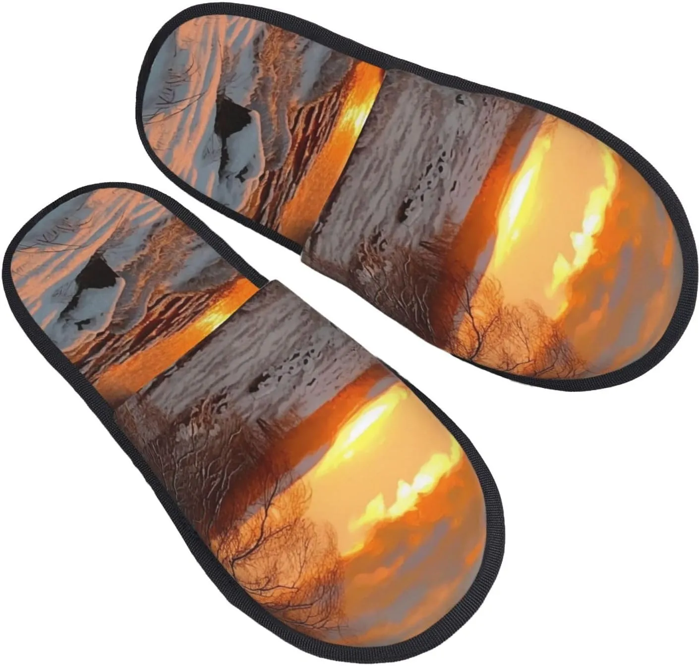Sunset and snow Furry House Slippers for Women Men Soft Fuzzy Slippers Indoor Casual Plush House Shoes Medium