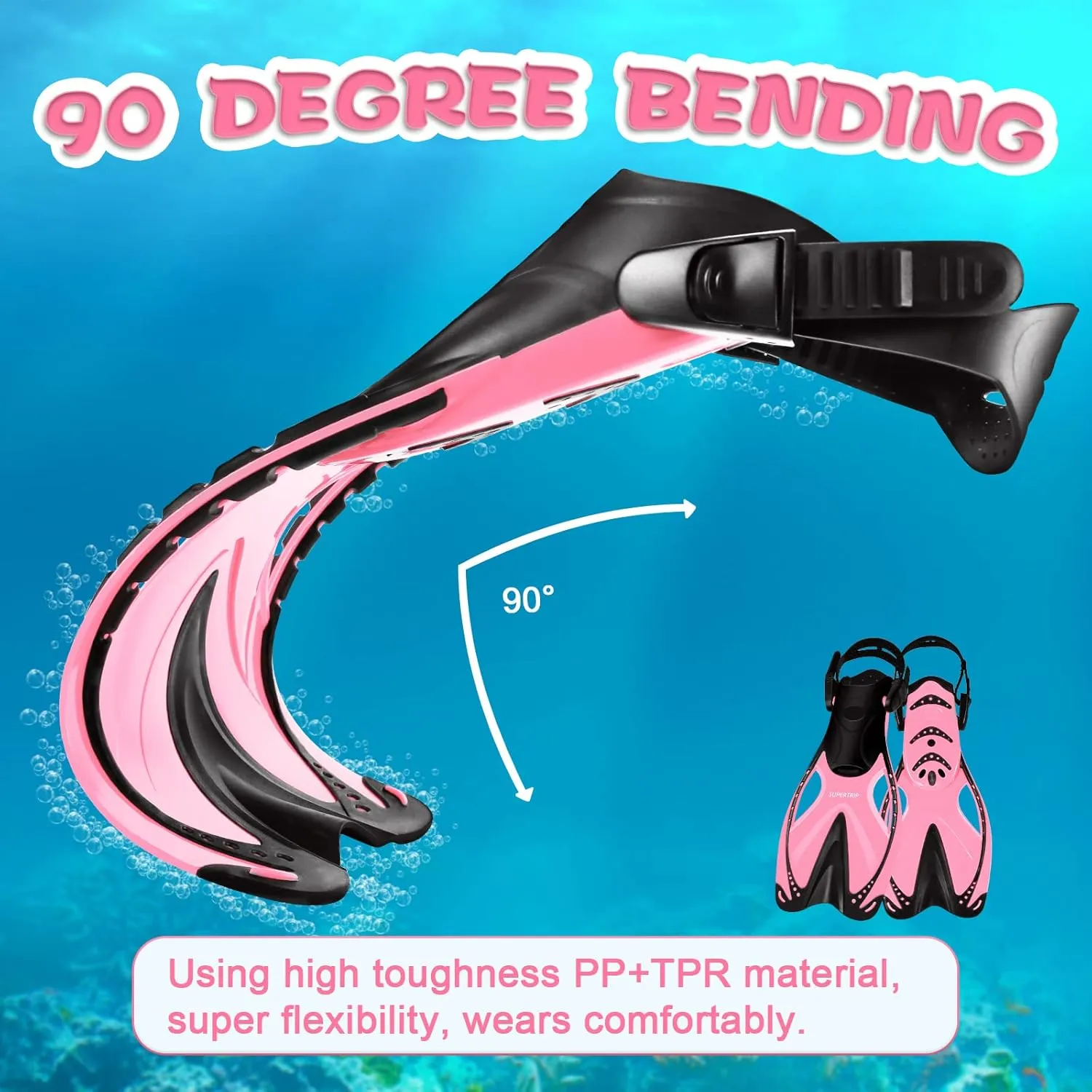 Supertrip Kids Snorkel Fins, Swim Fins for Lap Swimming, Adjustable Short Flippers, Travel Size Diving Fins Scuba Fins, Snorkeling Gear for Kids Boys Girls Age 6-14