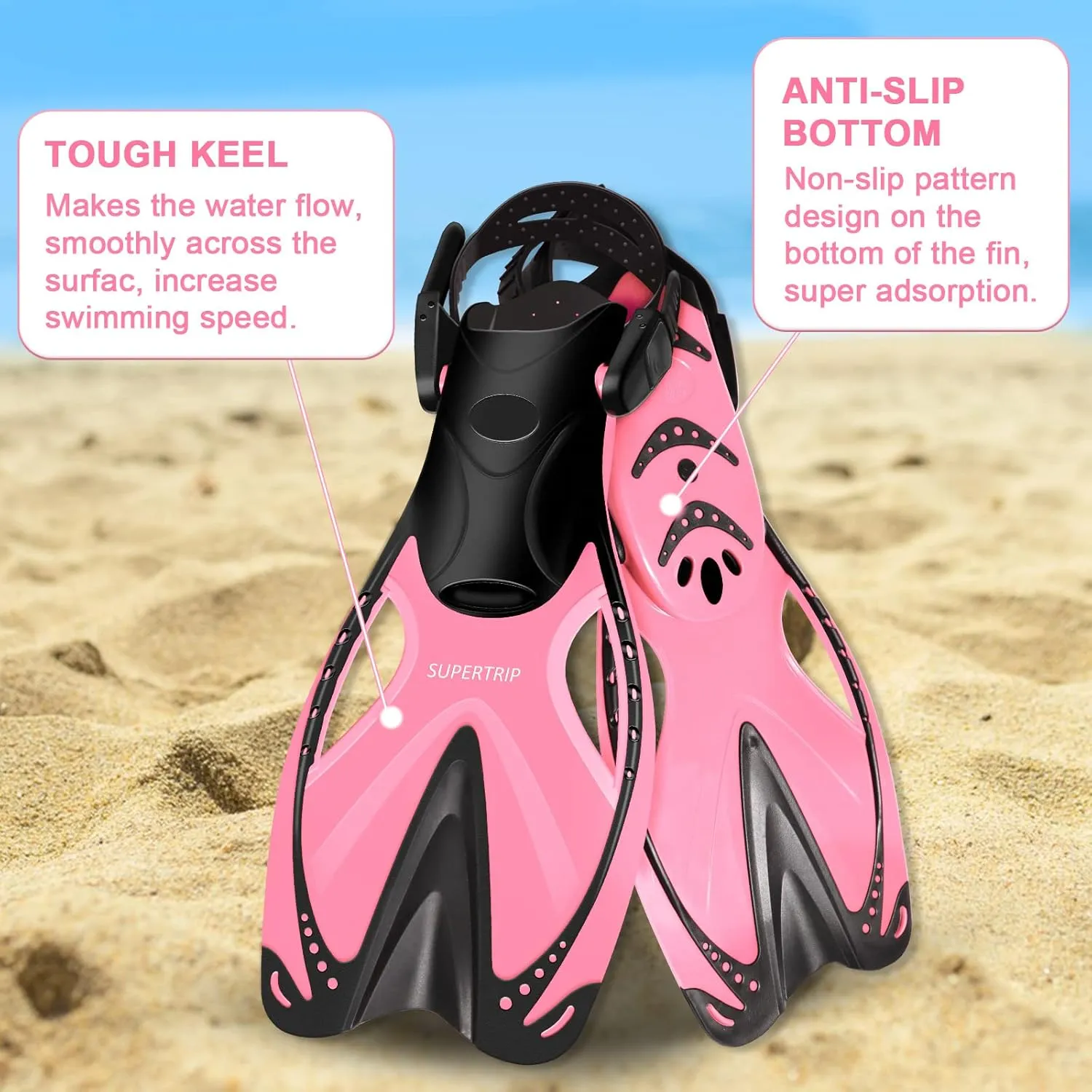 Supertrip Kids Snorkel Fins, Swim Fins for Lap Swimming, Adjustable Short Flippers, Travel Size Diving Fins Scuba Fins, Snorkeling Gear for Kids Boys Girls Age 6-14