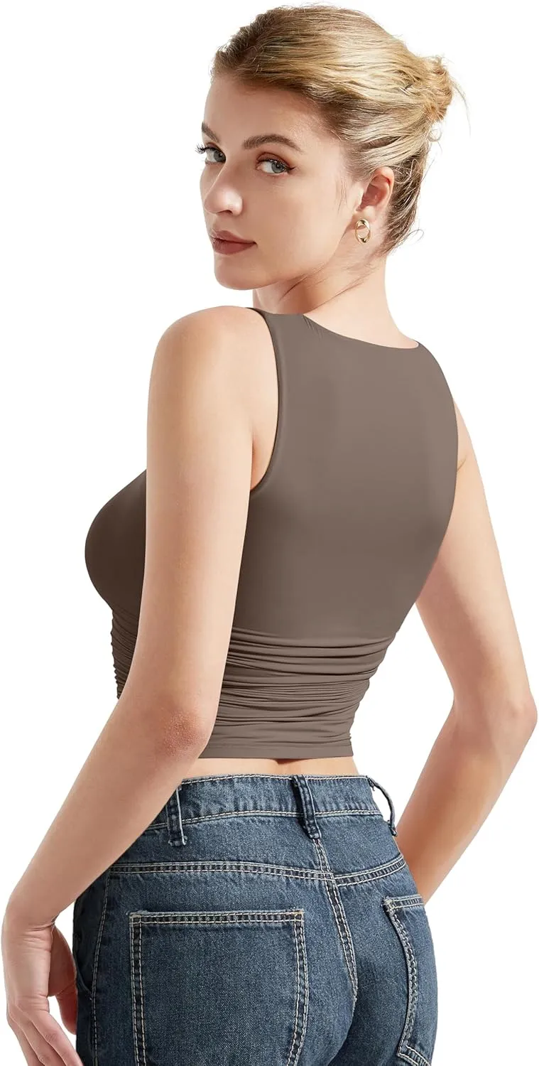 SUUKSESS Women Double Lined Going Out Basic Tank Tops Ruched Summer T Shirts