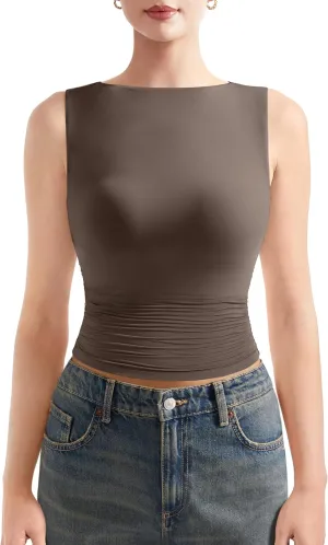 SUUKSESS Women Double Lined Going Out Basic Tank Tops Ruched Summer T Shirts