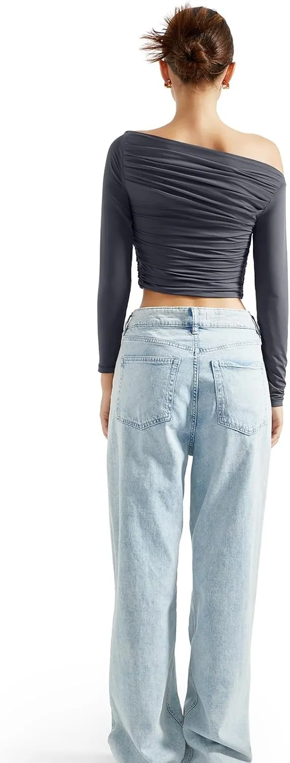 SUUKSESS Women Off Shoulder Long Sleeve Shirts Double Lined Fitted Crop Tops