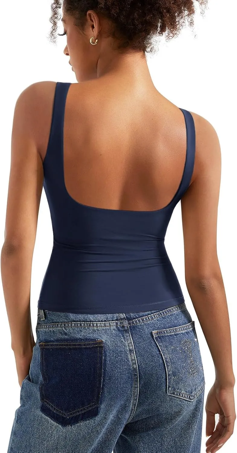 SUUKSESS Women Padded Open Back Boat Neck Tank Tops Double Lined Basic Shirts