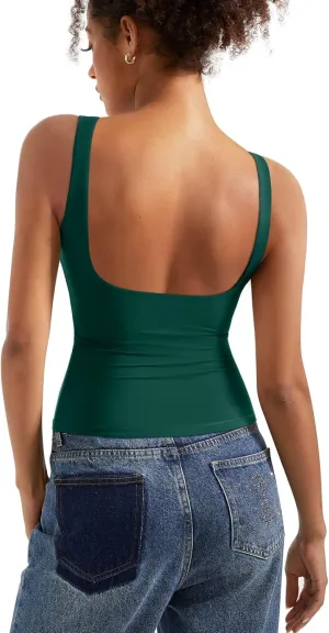 SUUKSESS Women Padded Open Back Boat Neck Tank Tops Double Lined Basic Shirts