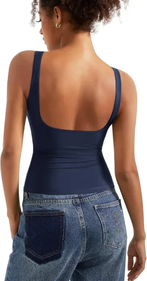 SUUKSESS Women Padded Open Back Boat Neck Tank Tops Double Lined Basic Shirts