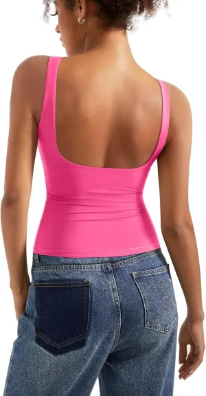 SUUKSESS Women Padded Open Back Boat Neck Tank Tops Double Lined Basic Shirts