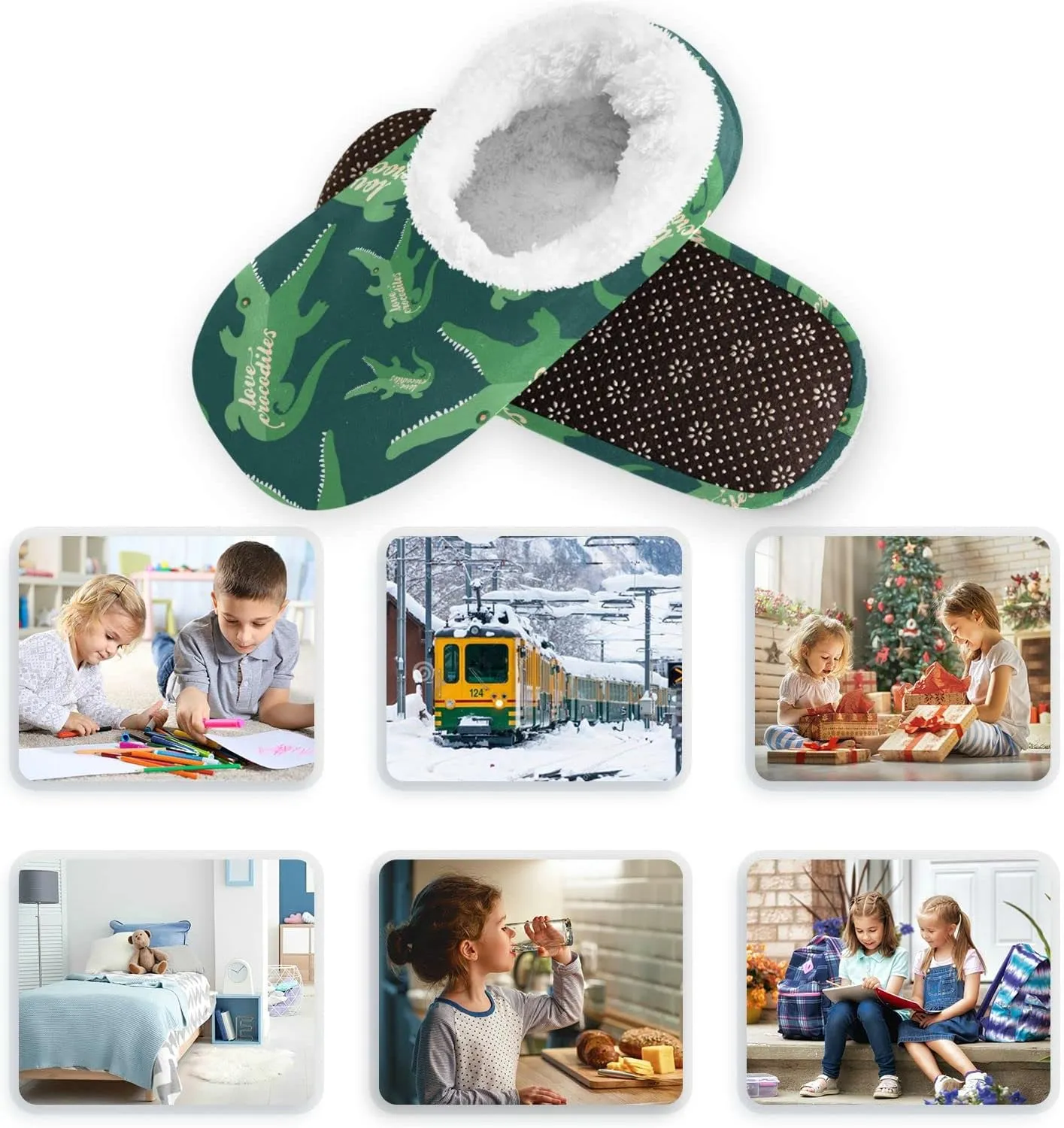 The Most Wonderful Time Kids House Slippers Red Green Buffalo Plaid Boys Closed Back Fuzzy Feet Slippers Girls Coral Fleece Slipper Socks No Skid Warm Cozy Home Slippers For Indoor Outdoor Winter