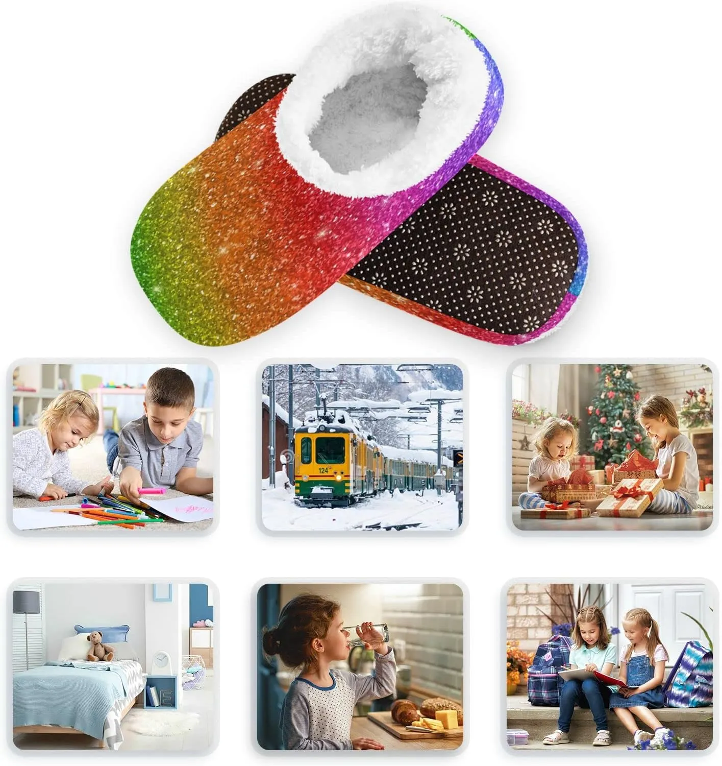 The Most Wonderful Time Kids House Slippers Red Green Buffalo Plaid Boys Closed Back Fuzzy Feet Slippers Girls Coral Fleece Slipper Socks No Skid Warm Cozy Home Slippers For Indoor Outdoor Winter