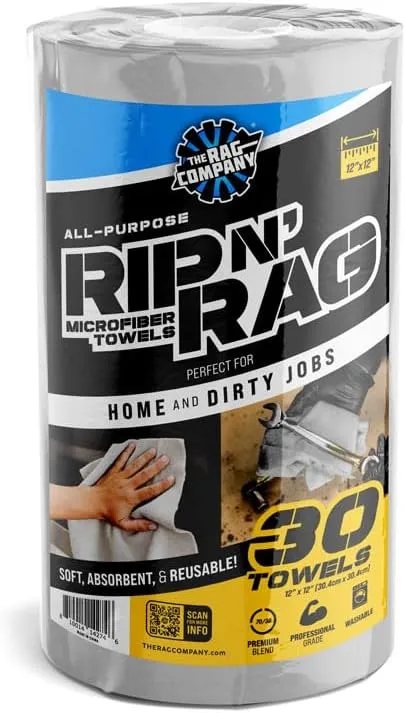 The Rag Company - Rip N' Rag Multi-Purpose Reusable Microfiber Towels for Home, Office, Garage, RV and More - 30 Count Roll - Premium 70/30 Blend - 200gsm
