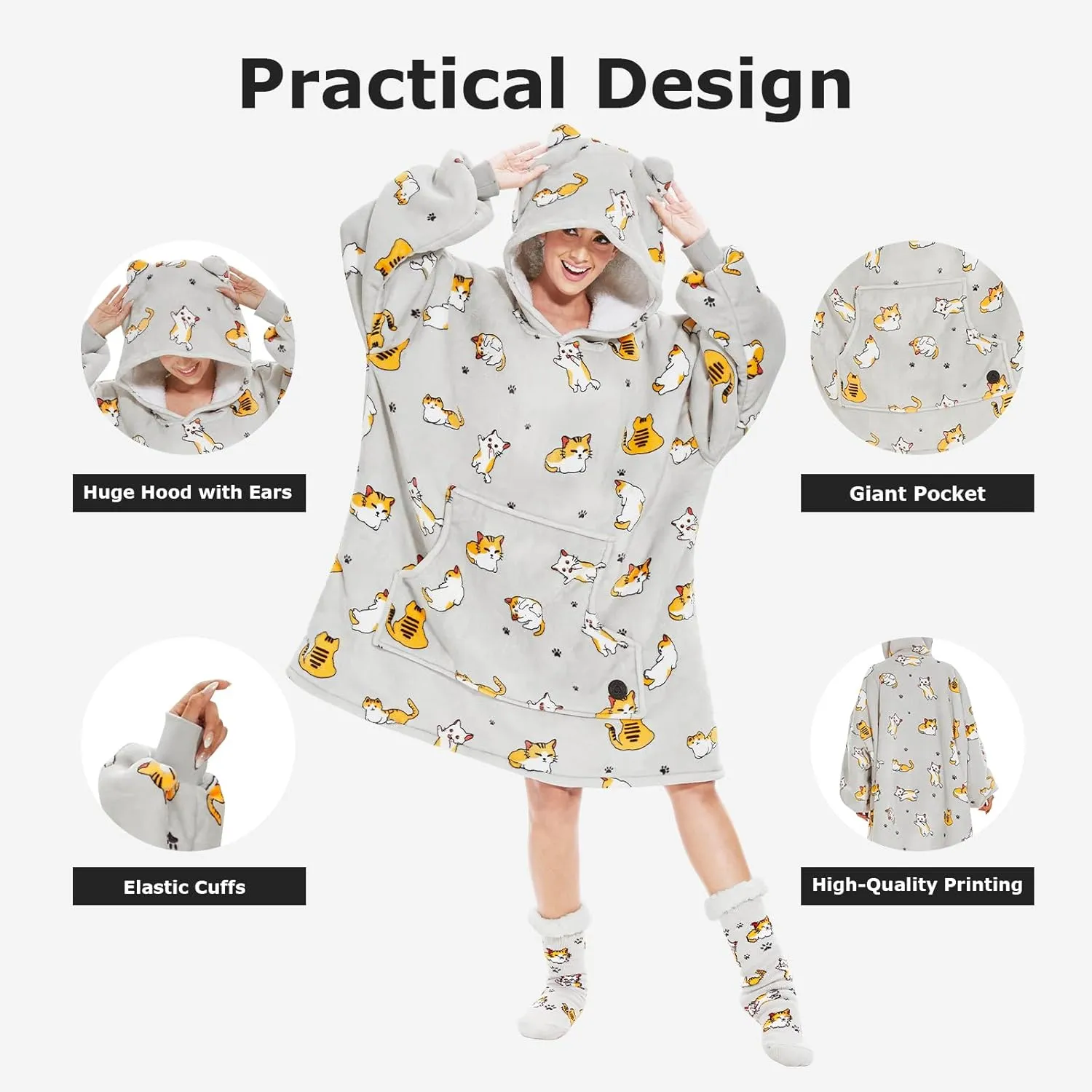 THREE POODLE Wearable Blanket Hoodie with Slipper Socks Set, Oversized Sherpa Blanket Sweatshirt Hoodie for Women Men Kids, One Size Fits All (Cat)