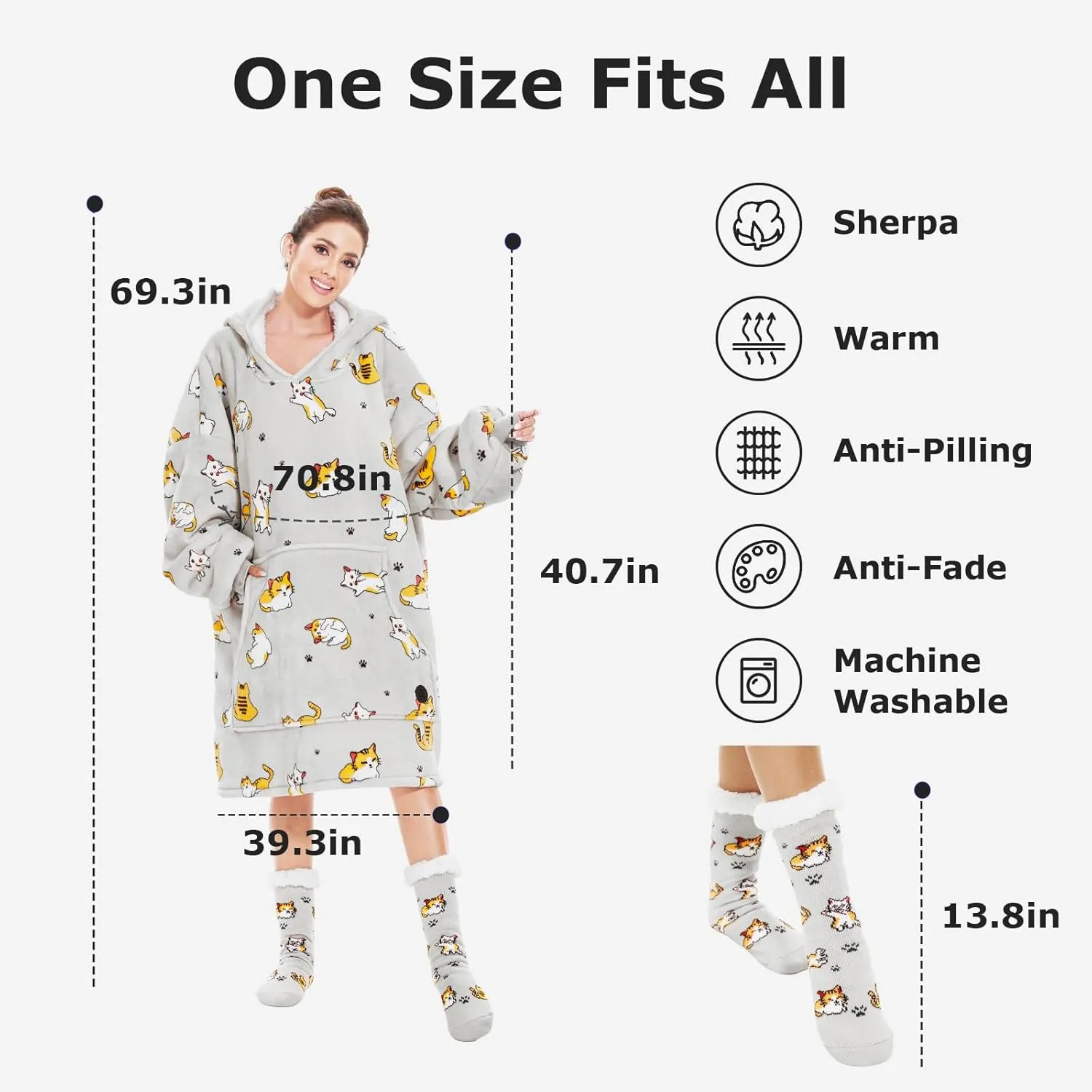 THREE POODLE Wearable Blanket Hoodie with Slipper Socks Set, Oversized Sherpa Blanket Sweatshirt Hoodie for Women Men Kids, One Size Fits All (Cat)