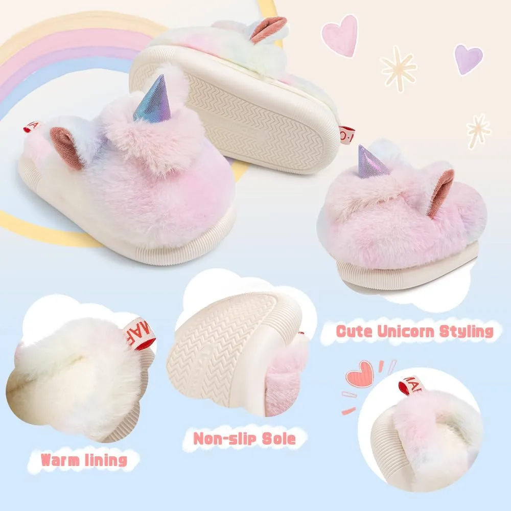 Toddler Girls Cute Unicorn Slippers Fluffy Fuzzy Winter Warm Slipper Cartoon Animal Plush Indoor House Slip-on Shoes