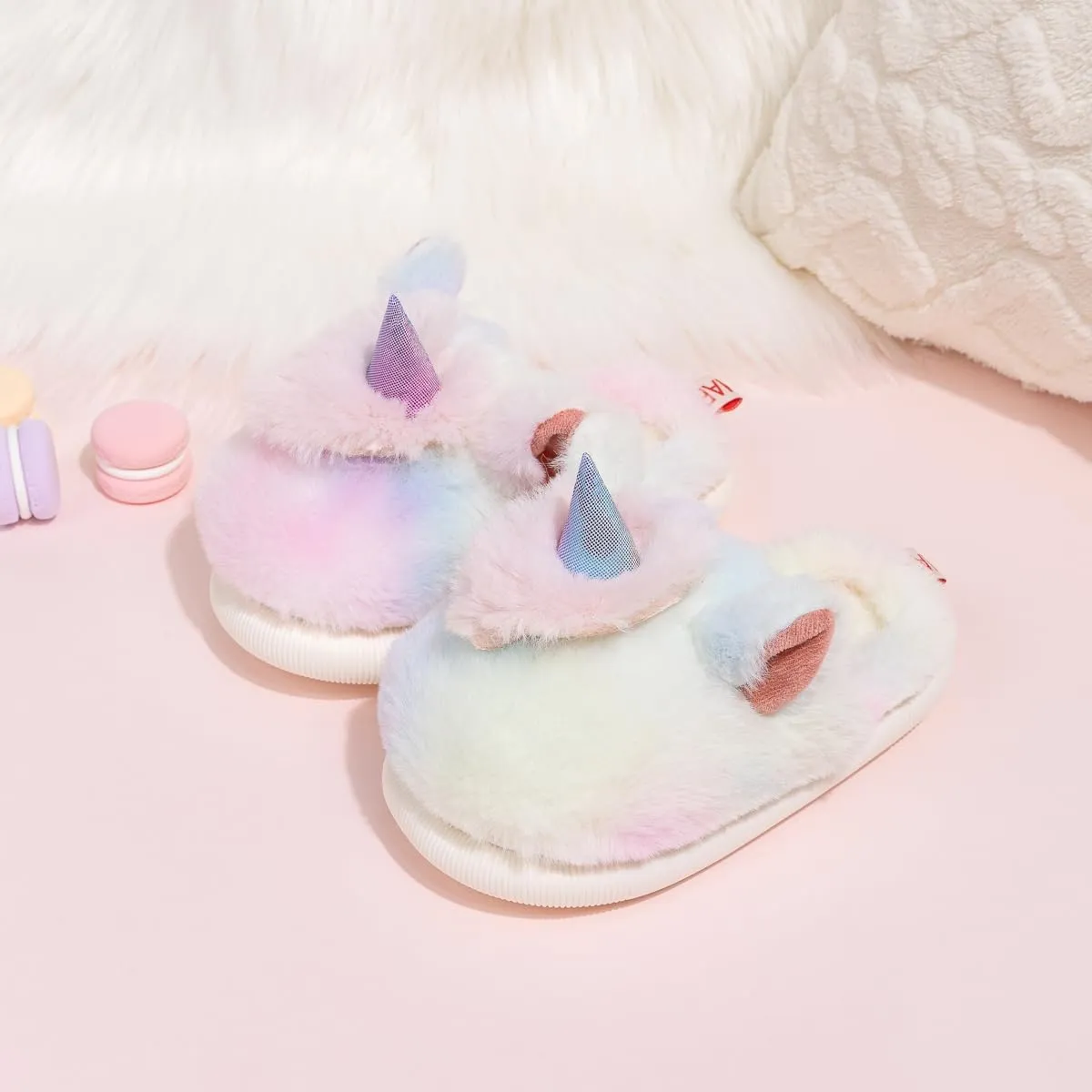 Toddler Girls Cute Unicorn Slippers Fluffy Fuzzy Winter Warm Slipper Cartoon Animal Plush Indoor House Slip-on Shoes