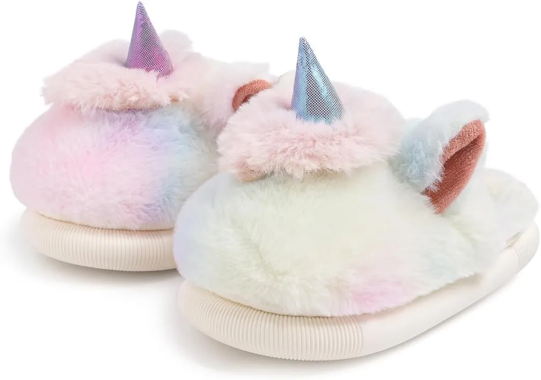 Toddler Girls Cute Unicorn Slippers Fluffy Fuzzy Winter Warm Slipper Cartoon Animal Plush Indoor House Slip-on Shoes