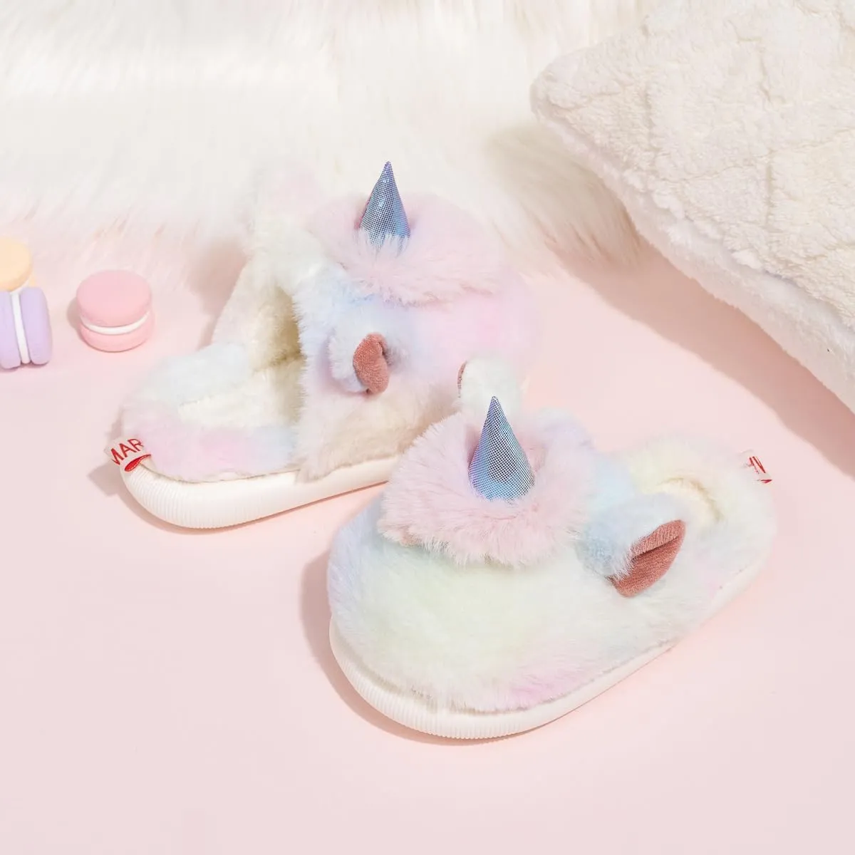 Toddler Girls Cute Unicorn Slippers Fluffy Fuzzy Winter Warm Slipper Cartoon Animal Plush Indoor House Slip-on Shoes