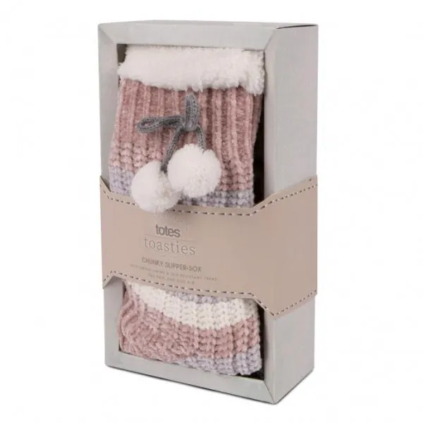 Totes Isotoner CHENILLE-SOX WITH POM POMS Womens Slipper Socks Pink: One Size