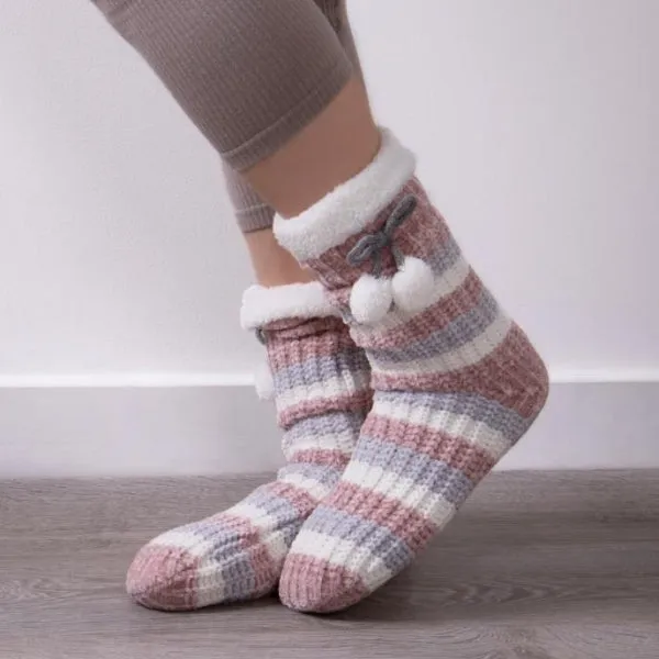 Totes Isotoner CHENILLE-SOX WITH POM POMS Womens Slipper Socks Pink: One Size