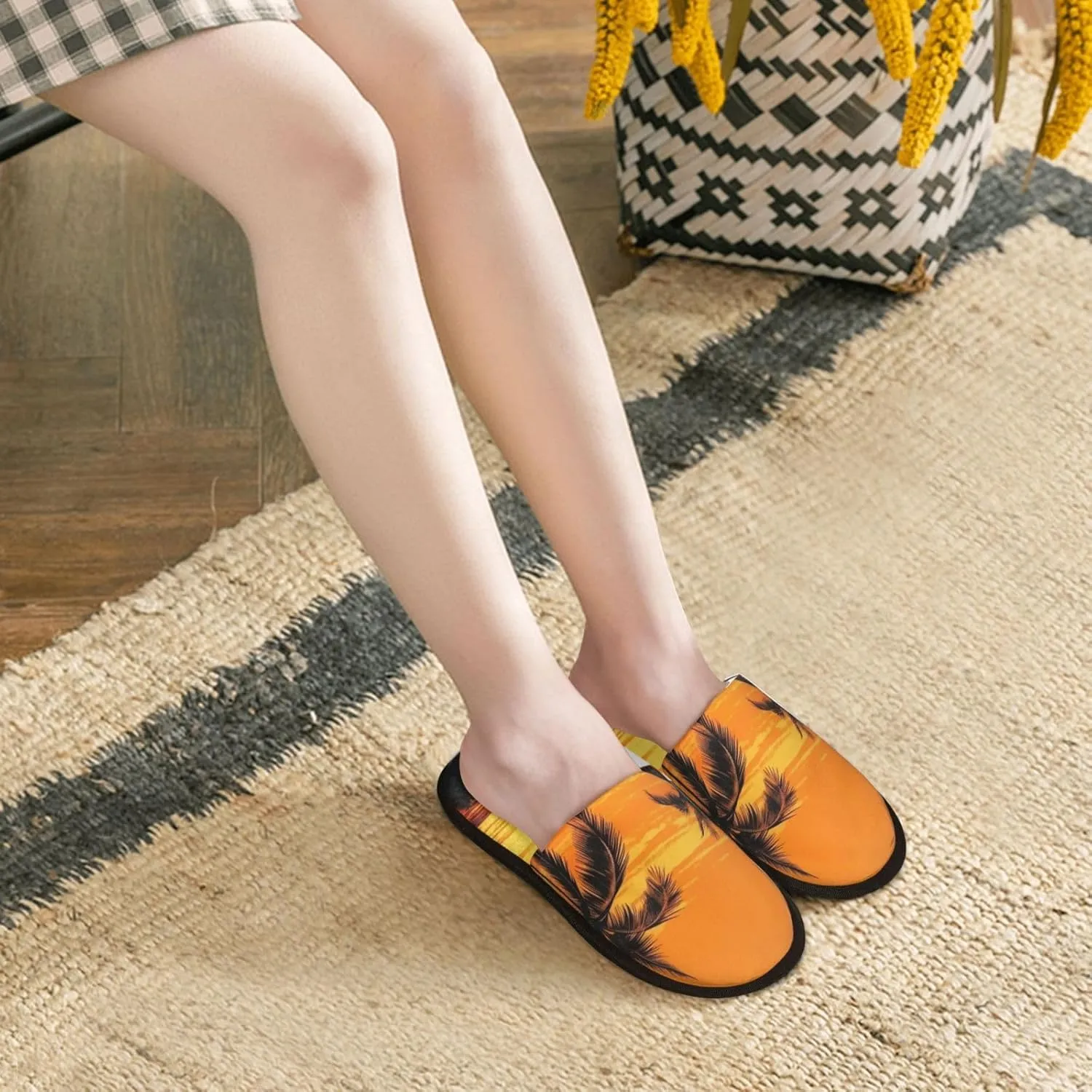 Tropical Palm Trees Scene Sunset Furry House Slippers for Women Men Soft Fuzzy Slippers Indoor Casual Plush House Shoes