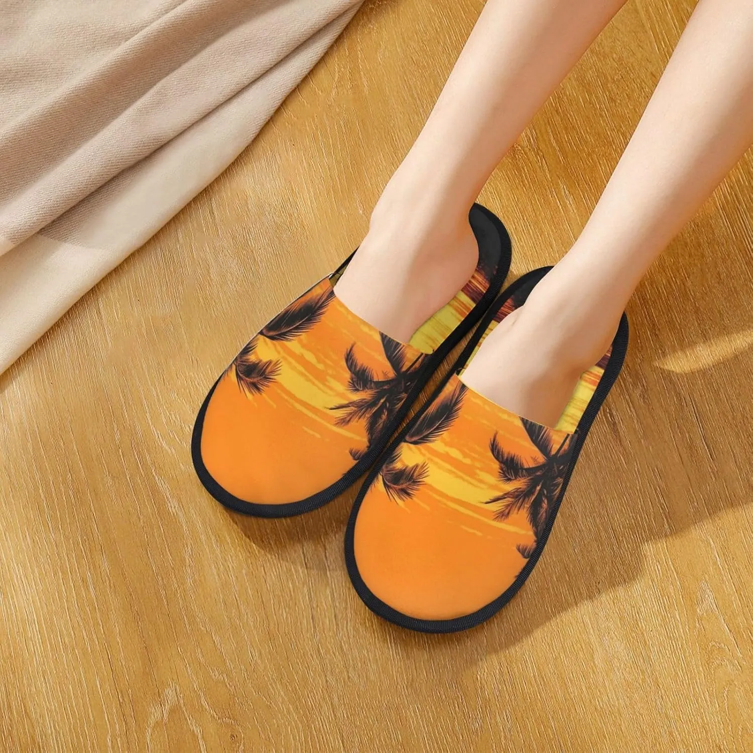 Tropical Palm Trees Scene Sunset Furry House Slippers for Women Men Soft Fuzzy Slippers Indoor Casual Plush House Shoes