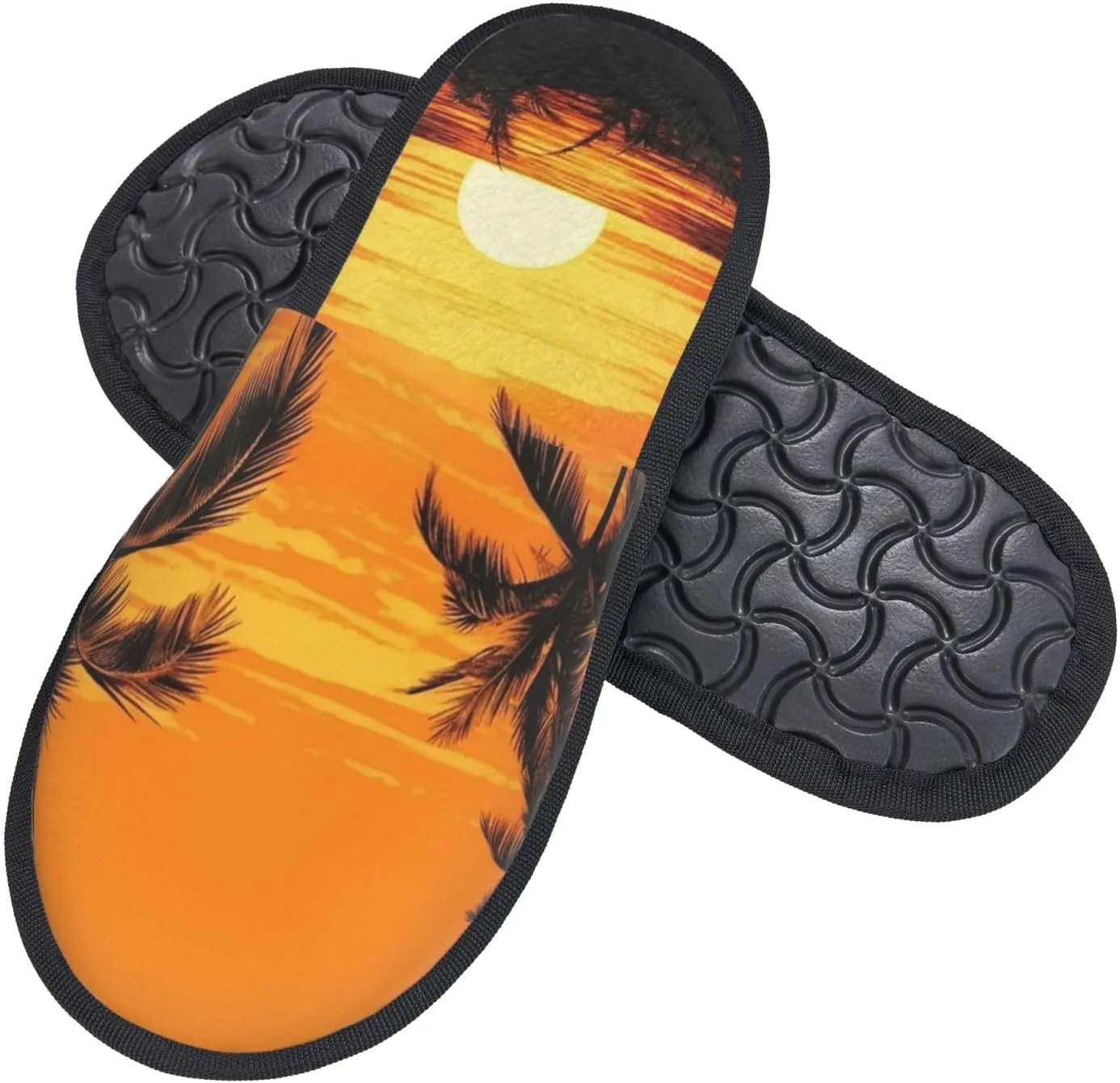 Tropical Palm Trees Scene Sunset Furry House Slippers for Women Men Soft Fuzzy Slippers Indoor Casual Plush House Shoes