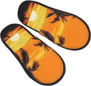 Tropical Palm Trees Scene Sunset Furry House Slippers for Women Men Soft Fuzzy Slippers Indoor Casual Plush House Shoes