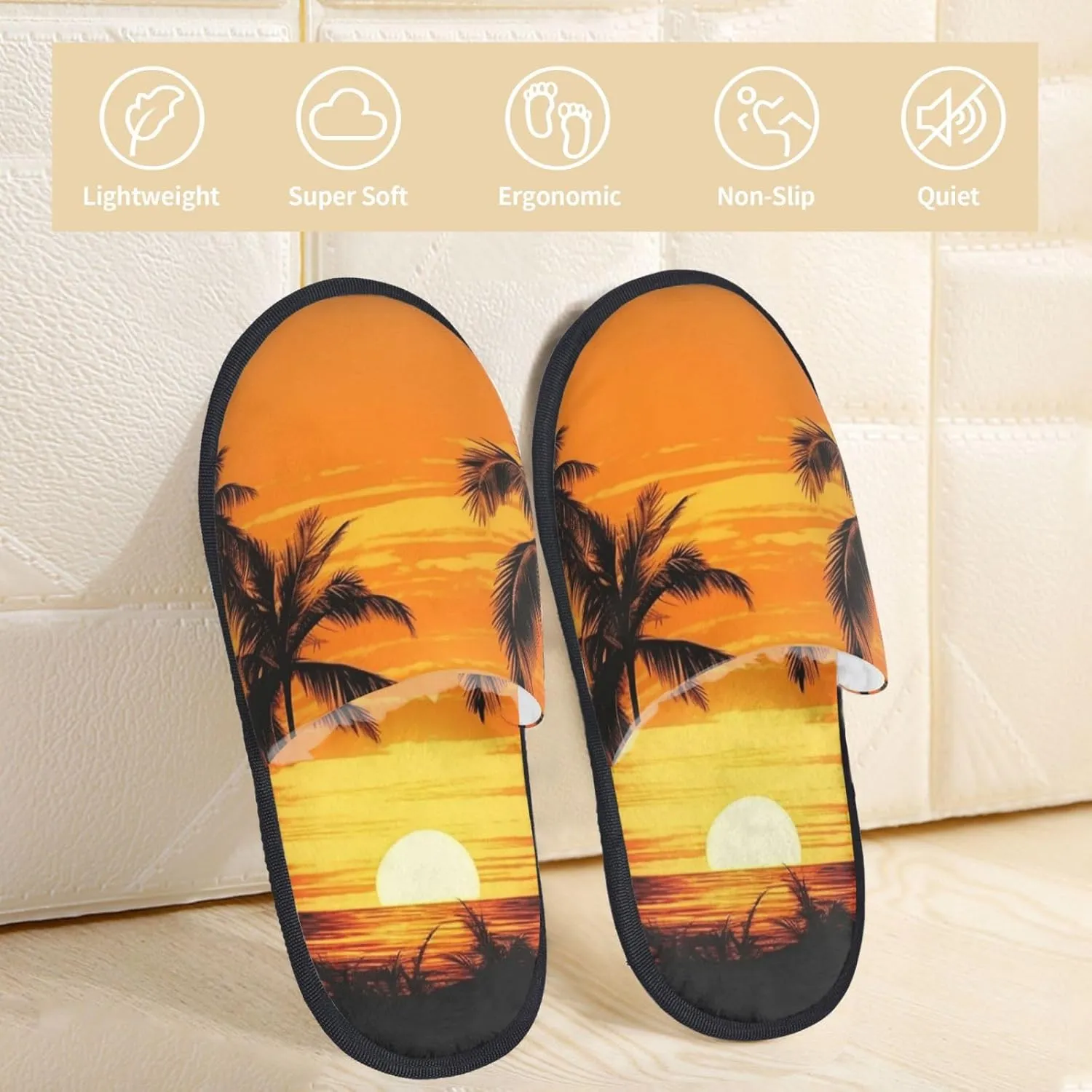 Tropical Palm Trees Scene Sunset Furry House Slippers for Women Men Soft Fuzzy Slippers Indoor Casual Plush House Shoes