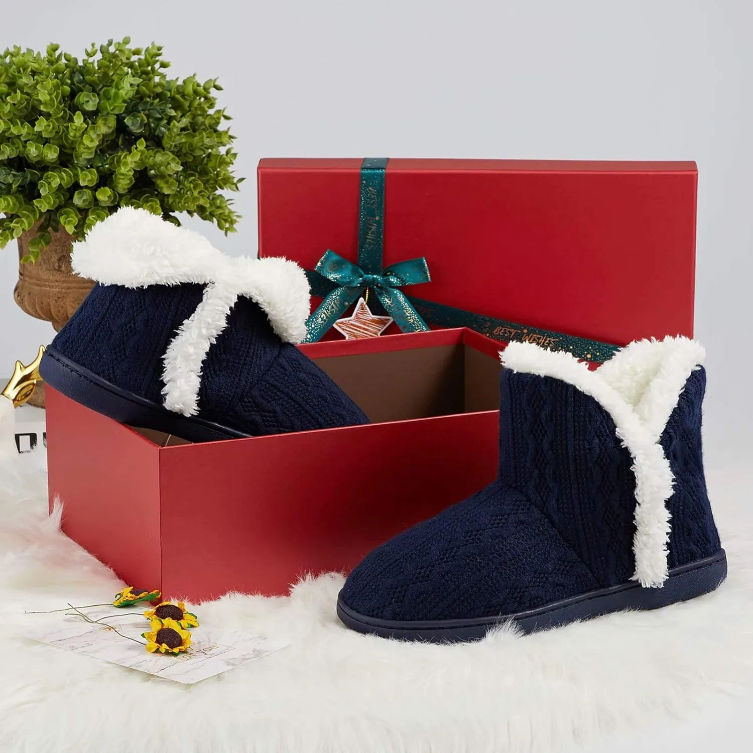 TUOBUQU Women Warm Bootie Slippers Fluffy Plush Indoor Outdoor Winter Booty Slippers