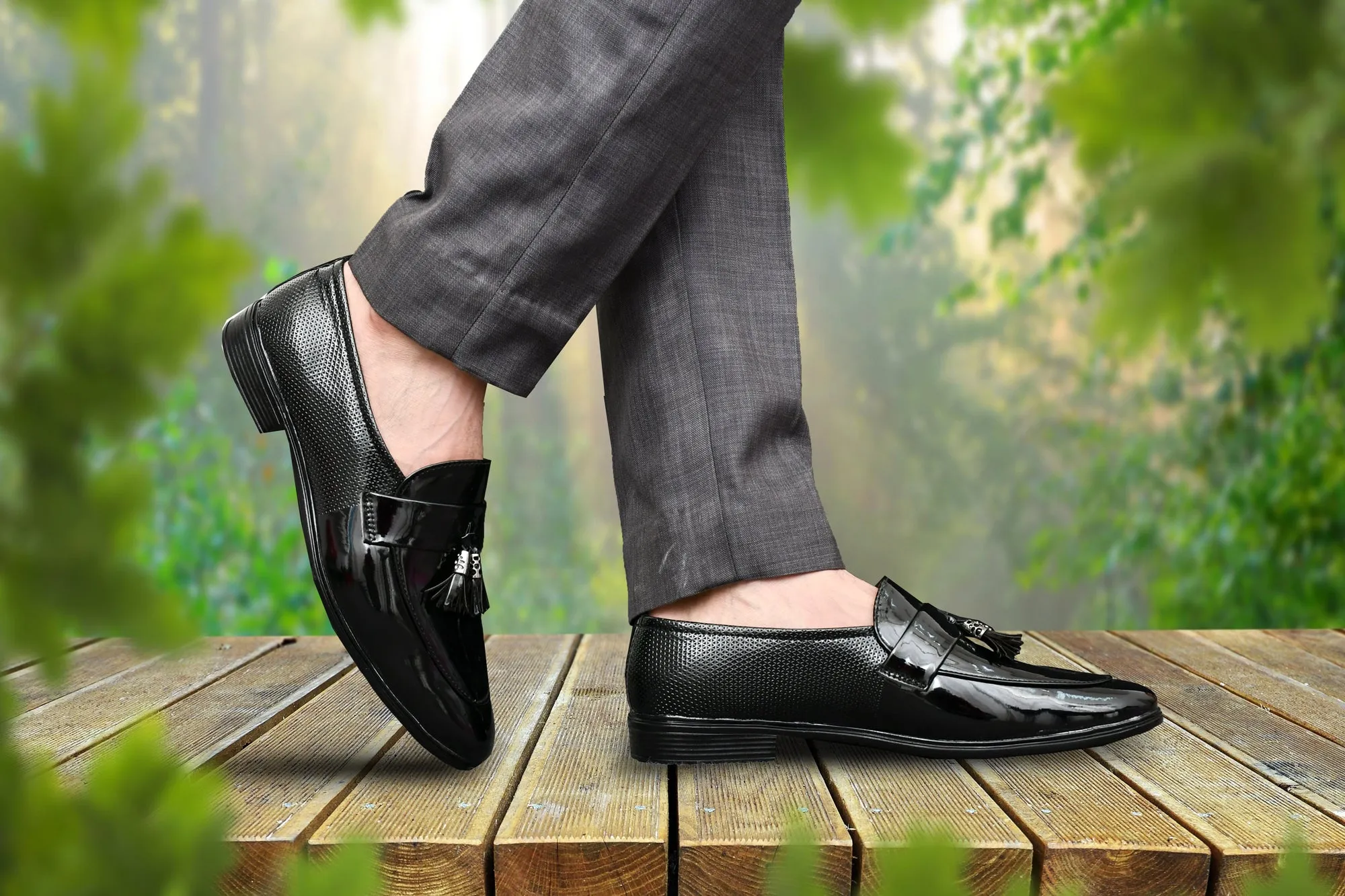 Tussled Shiny Loafers for Men  Black