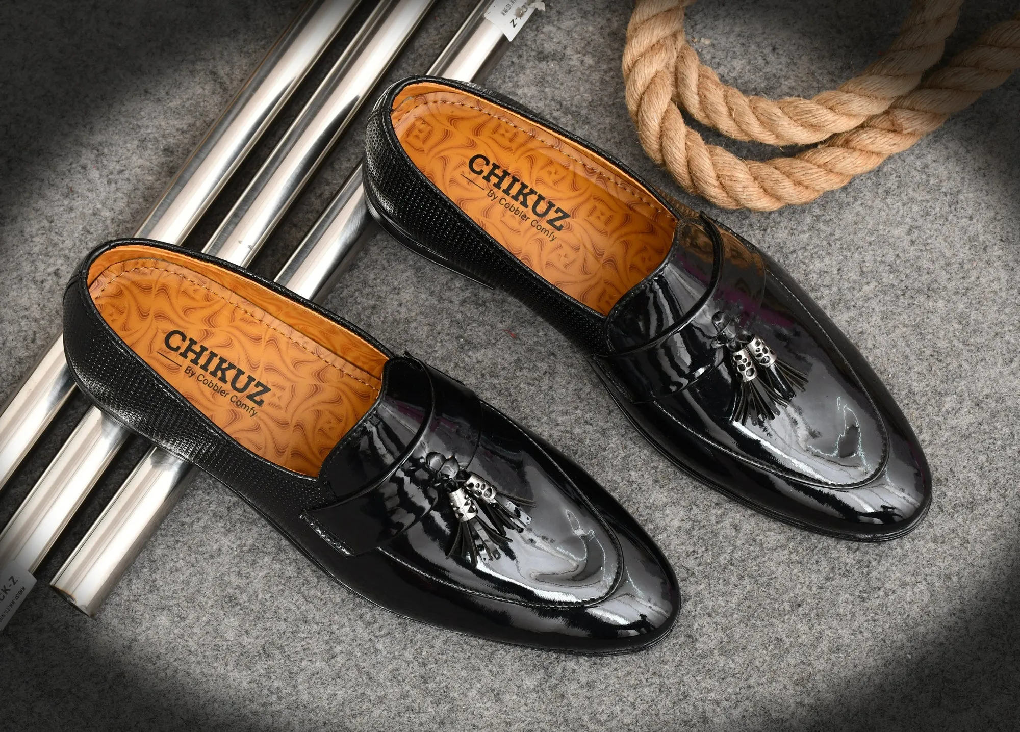 Tussled Shiny Loafers for Men  Black