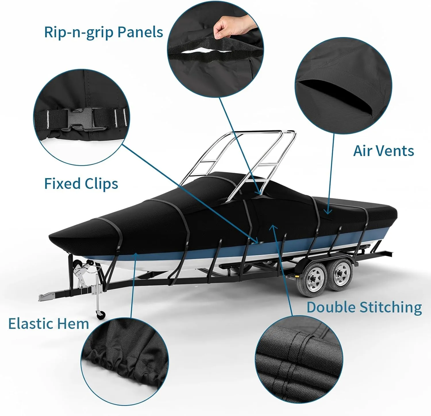 Tuszom True 900D Solution Dyed Waterproof Ski&Wakeboard Tower Boat Cover with 11 6 Windproof Straps and Storage Bag Fit 22'-24'L Beam Width to 116" W,Trailerable V-Hull Runabouts OutBoards and I/O