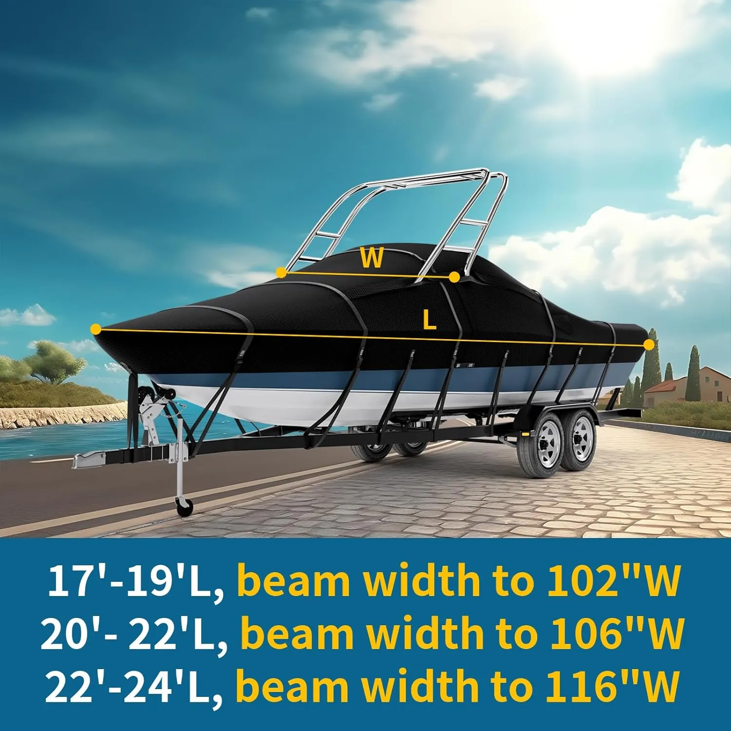 Tuszom True 900D Solution Dyed Waterproof Ski&Wakeboard Tower Boat Cover with 11 6 Windproof Straps and Storage Bag Fit 22'-24'L Beam Width to 116" W,Trailerable V-Hull Runabouts OutBoards and I/O