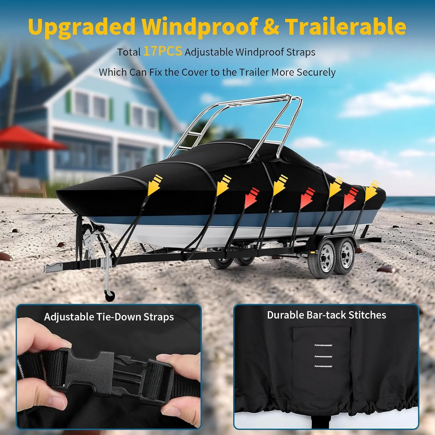 Tuszom True 900D Solution Dyed Waterproof Ski&Wakeboard Tower Boat Cover with 11 6 Windproof Straps and Storage Bag Fit 22'-24'L Beam Width to 116" W,Trailerable V-Hull Runabouts OutBoards and I/O