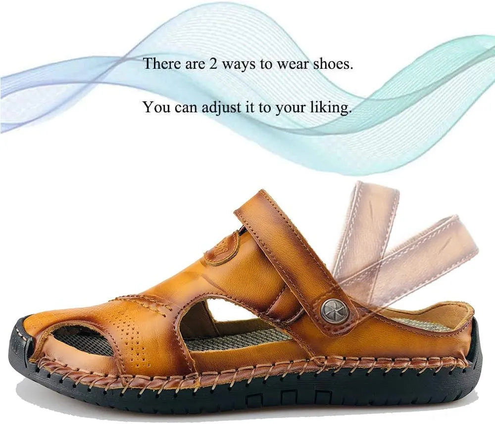UPIShi Mens Closed Toe Casual Leather Strap Athletic Beach Outdoor Adjustable Sandals Fisherman Shoes