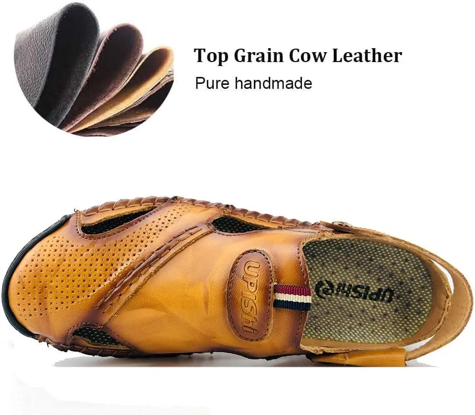 UPIShi Mens Closed Toe Casual Leather Strap Athletic Beach Outdoor Adjustable Sandals Fisherman Shoes