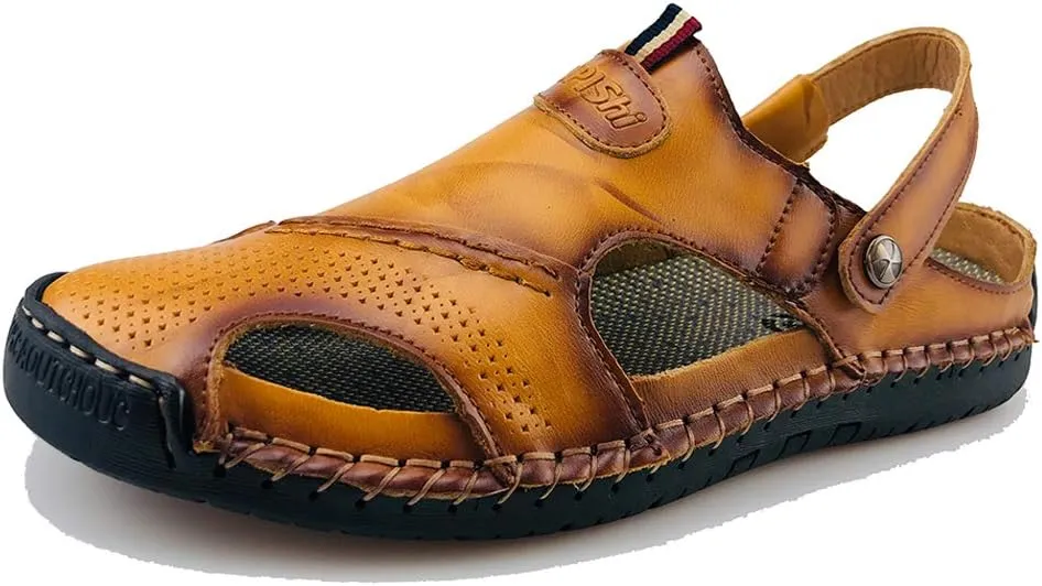 UPIShi Mens Closed Toe Casual Leather Strap Athletic Beach Outdoor Adjustable Sandals Fisherman Shoes