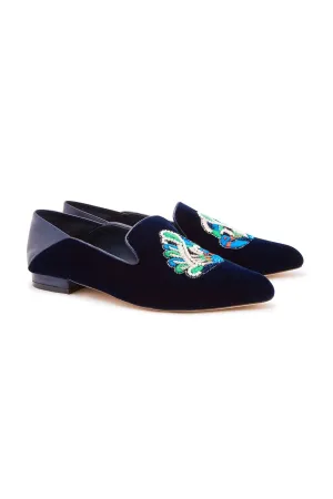 VELVET SLIPPER WITH FOLDED HEEL NAVY PEACOCK